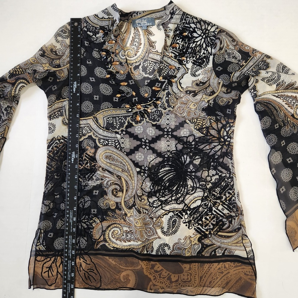 Hale Bob Lounge XS Black Paisley Beaded Sheer Silk Blouse Flowy Velvet Embossed - Picture 7 of 11